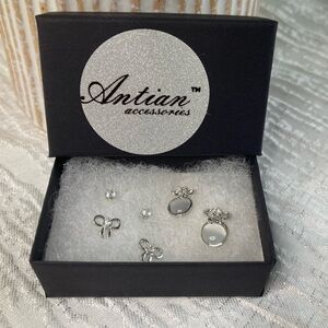 Antian Accessories™ 3 Pair Silver Earrings Set – Bow, Crystal & Opalite